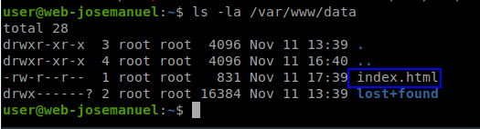 Contenido del NAS montado en el servidor web: index.html visible