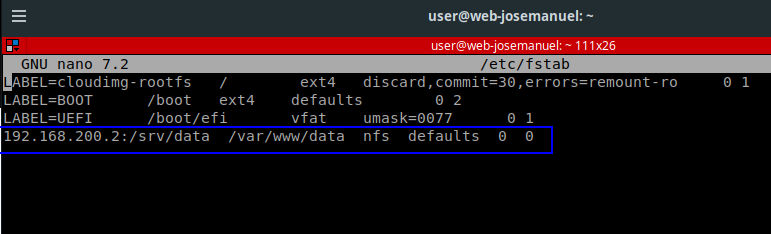 Línea del montaje NFS añadida a /etc/fstab en el servidor web