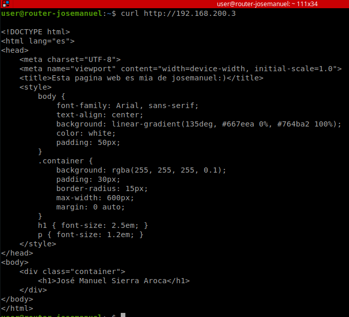 Página servida correctamente al hacer curl desde el router al servidor web