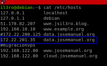 Contenido de /etc/hosts del host físico, con la entrada data.josemanuel.org apuntando a la IP flotante