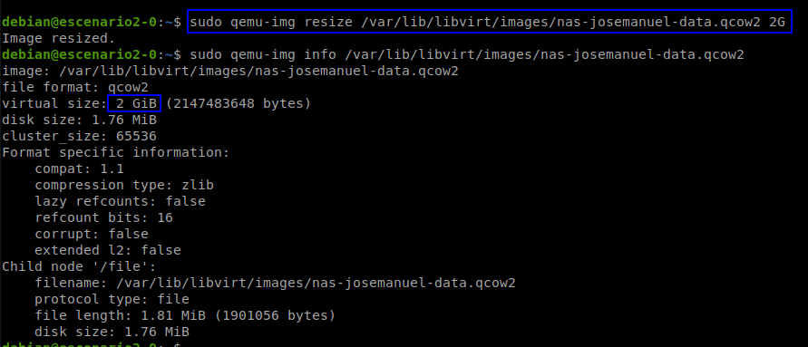 Disco de datos redimensionado a 2 GiB, confirmado con qemu-img info