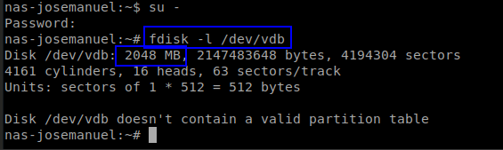fdisk -l mostrando el disco vdb ya con 2048 MB