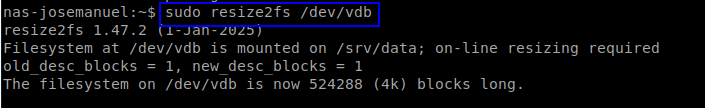 resize2fs ampliando el sistema de archivos de /dev/vdb en caliente