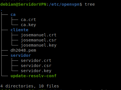 Estructura de directorios de OpenVPN verificada con tree