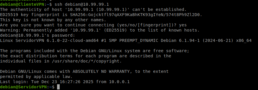 El ClienteVPN se conecta por SSH al ServidorVPN a través del túnel