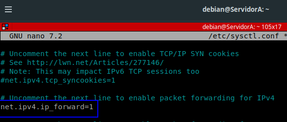 Descomentando net.ipv4.ip_forward en ServidorA