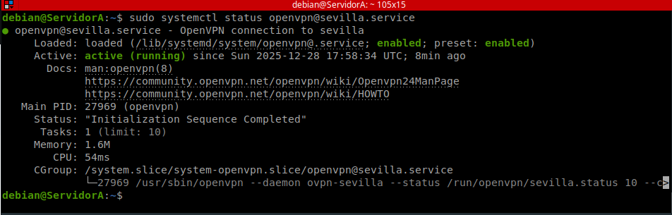 Servicio openvpn@sevilla activo en ServidorA