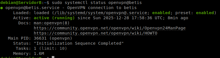 Servicio openvpn@betis activo en ServidorB