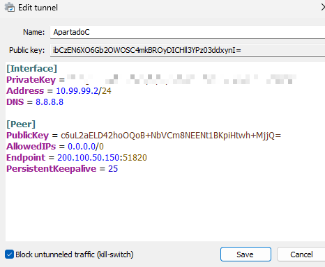 Configuración del túnel en WireGuard para Windows, con Interface y Peer rellenos
