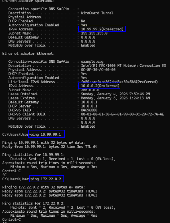 Configuración de red IPv4 del adaptador WireGuard en Windows y pings exitosos al servidor y a la red remota