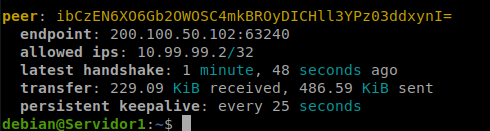 sudo wg show en el servidor mostrando el peer de Windows conectado