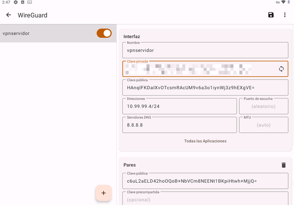 Configuración de la interfaz y el peer del túnel WireGuard en Android