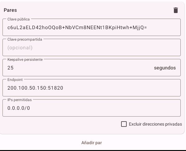 Configuración del peer en Android, con clave pública, keepalive, endpoint e IPs permitidas