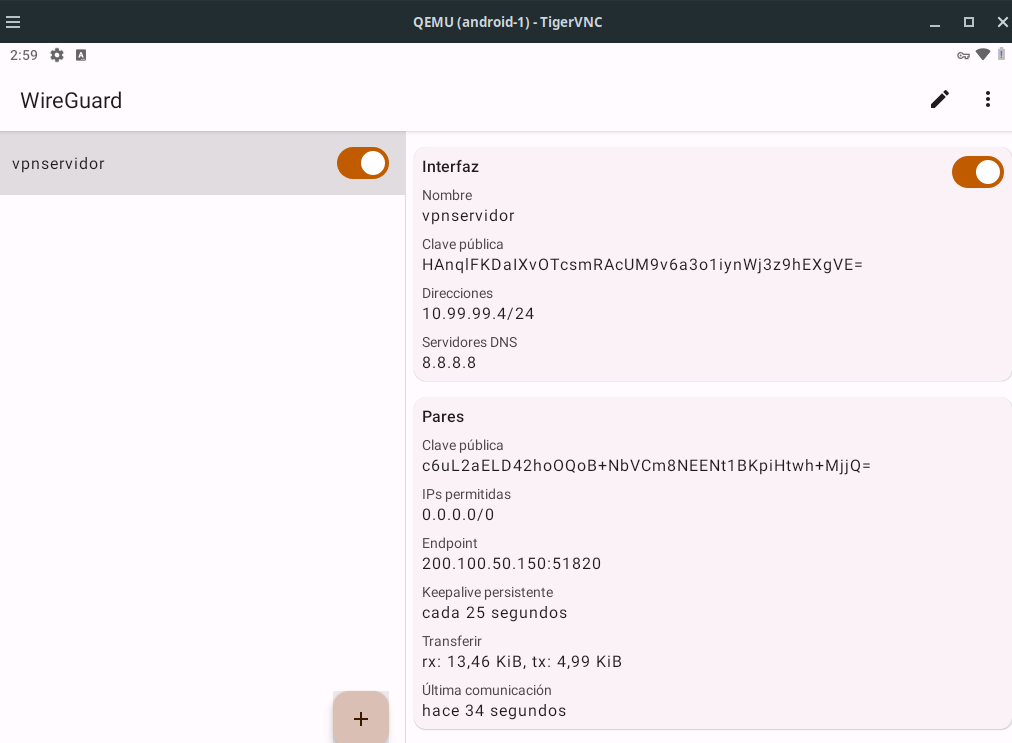 Túnel activo en Android, con los datos de transferencia y la última comunicación