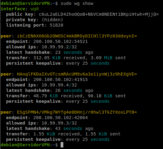 sudo wg show en el servidor con los tres peers (Windows, Linux, Android) conectados y transfiriendo datos