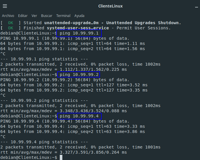 Pings desde ClienteLinux al servidor y a los clientes Windows y Android