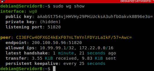 sudo wg show en ServidorB, con el peer ServidorA conectado