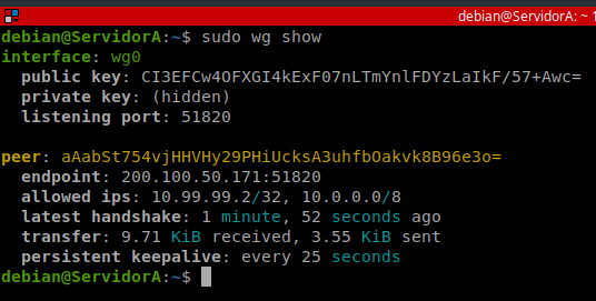 sudo wg show en ServidorA, con el peer ServidorB conectado