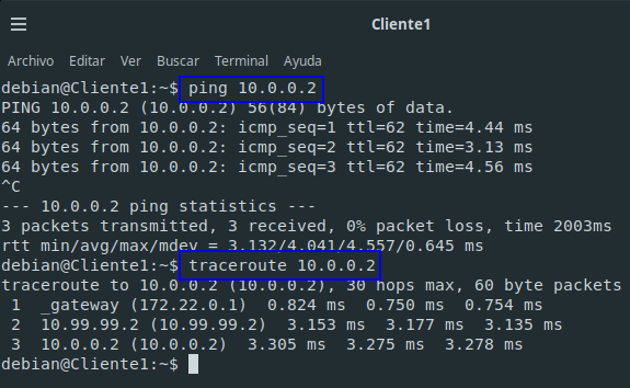 Ping y traceroute desde Cliente1 a Cliente2, pasando por el túnel entre ServidorA y ServidorB