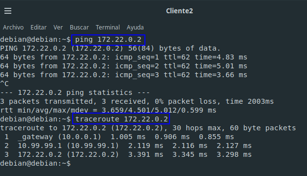 Ping y traceroute desde Cliente2 a Cliente1, pasando por el túnel entre ServidorA y ServidorB